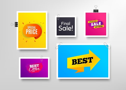 Best price, 50% discounts and Special offer. Frames with promotional banners. Discount banner with speech bubble. Sale badge. Photo frames and sale offers. Posters or flyers with paper clips. Vector
