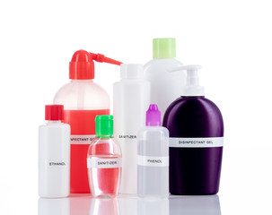disinfectant, sanitizer in plastic packaging on a white background