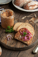 Pork lard mixed with ground cracklings slathered on a slice of bread