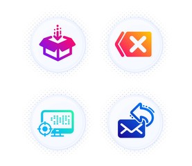 Remove, Get box and Seo icons simple set. Button with halftone dots. Share mail sign. Delete button, Send package, Search engine. New e-mail. Technology set. Gradient flat remove icon. Vector