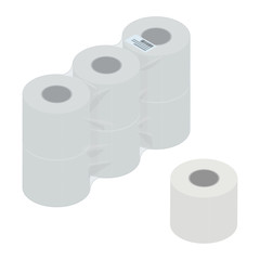 Toilet paper roll and pack, isometric design. 3D Render. Vector illustration.