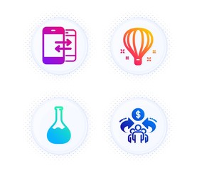 Chemistry lab, Phone communication and Air balloon icons simple set. Button with halftone dots. Sharing economy sign. Laboratory, Incoming and outgoing calls, Sky travelling. Share. Vector