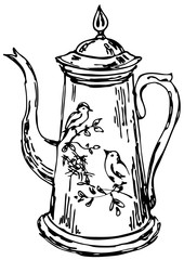 Old teapot kettle sketch engraving vector illustration. Freehand sketching. Black and white line art illustration. Vector for design logo, menu, cafe, restaurant, coffee and tea