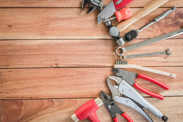 Set of hand tools on a wooden table,new hand tool.
