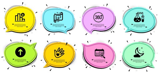 Chemistry lab, Night weather and 360 degrees signs. Chat bubbles with quotes. Architectural plan, Social responsibility and Swipe up line icons set. Decreasing graph, Medical calendar symbols. Vector