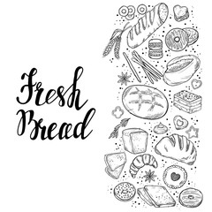 Bread vector hand drawn set illustration in graphic retro style. Can be used for design, shops, restaurants, bakeries, menus, cards, fabrics, packages