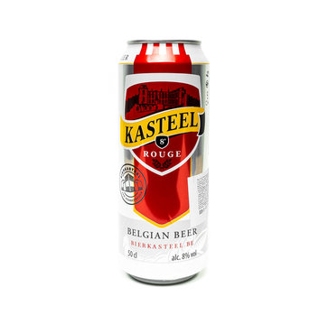 One can of fruit beer Kasteel Rouge alc.8%, 50cl.  over white background.
