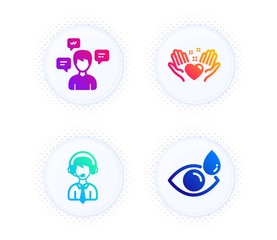 Conversation messages, Hold heart and Shipping support icons simple set. Button with halftone dots. Eye drops sign. Communication, Friendship, Delivery manager. Check vision. People set. Vector