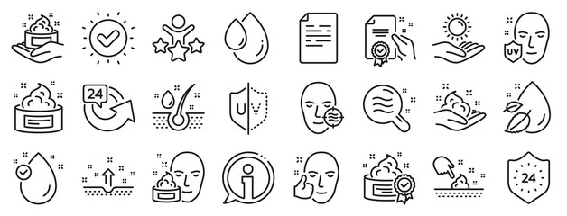 Cream, Serum drop and Face gel or lotion icons. Skin care cosmetic line icons. Uv protection. Oil, Vitamin E and Collagen symbols. 24 hour face care cream protection. Medical skin cosmetic. Vector