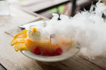 Mixed fruits and ice cream  with liquid nitrogen