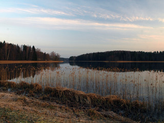 purple dawn sunrise with mirror images in the lake, dry reeds in the foreground
