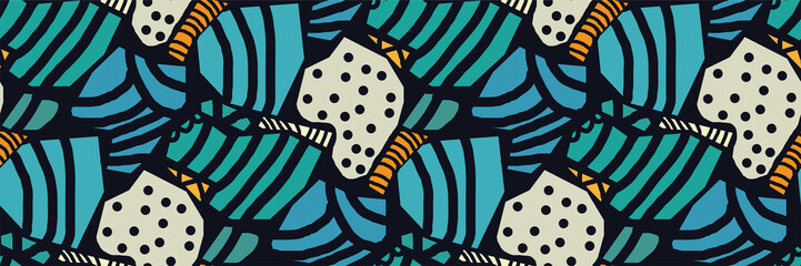 Creative seamless pattern in the style of Picasso. Various hand-drawn geometric shapes in turquoise, gold tones. Grunge texture. Minimalistic vintage design. Crazy art Wallpaper. Vector illustration.