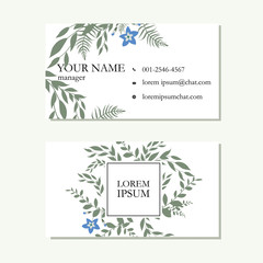 Business card floral frame with blue flowers, buds and decorative leaves on a white background. Invitation design, for greeting card, banner, poster. Vector illustration