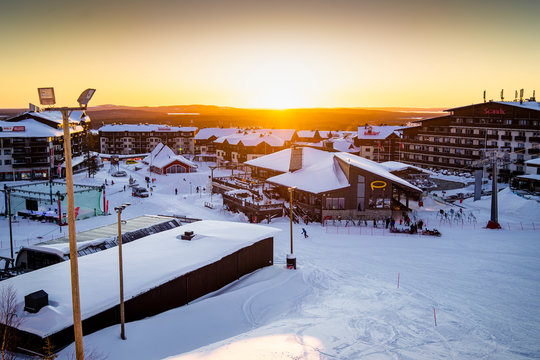 Valley station of the new gondola lift in Ruka Village, Finland, Kuusamo.Beautiful Sunset, golden hour