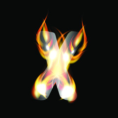 letter X fire or shades of horror, burning letters, Latin fonts from fire, collection of fonts, fire for creative business logos and GAME