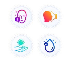 Face attention, Sun protection and Face id icons simple set. Button with halftone dots. Vitamin e sign. Exclamation mark, Ultraviolet care, Identification system. Oil drop. Medical set. Vector