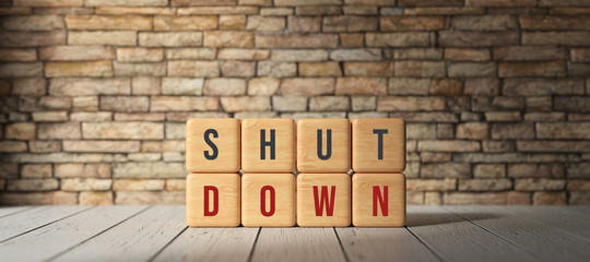 wooden cubes with text SHUTDOWN in front of a brick wall on wooden floor