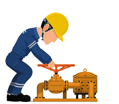 An industrial worker is operating petrochemical valve on white background