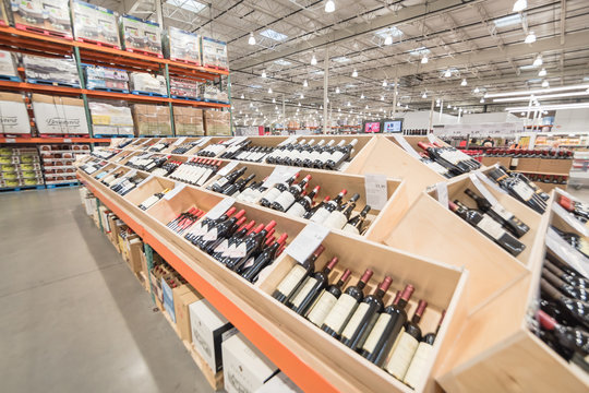 Variety Of Wine And Champagne Display In Wooden Case Boxes At Costco Wholesale Store In USA