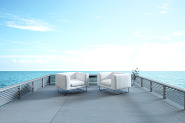 3D Rendering : illustration of resting area of balcony with two couch armchair sofa outdoor. high...