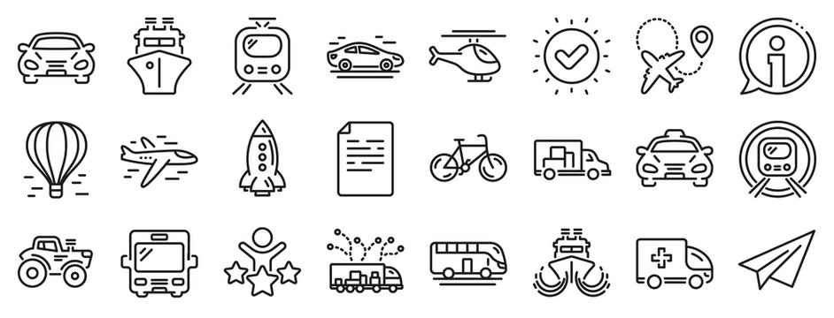 Taxi, Helicopter and subway train icons. Transport line icons. Truck car, Tram and Air balloon transport. Bike, Airport airplane and Ship, subway. Travel bus, ambulance car, paper airplane. Vector