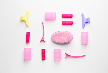 Set of hairdresser's accessories on white background
