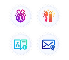 Approved, Technical algorithm and Creativity icons simple set. Button with halftone dots. Verified mail sign. Winner badge, Project doc, Graphic art. Confirmed e-mail. Education set. Vector