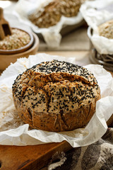 Homemade buckwheat bread  on a wooden board, close up