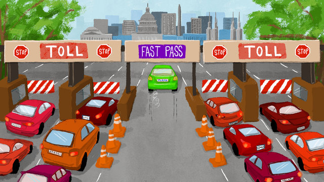 Fast pass lane while cars waiting in traffic at tolls