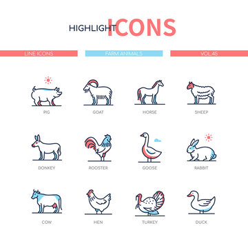 Farm animals collection - line design style icons set