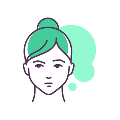 Human feeling doubt line color icon. Face of a young girl depicting emotion sketch element. Cute character on turquoise background. Outline vector illustration.