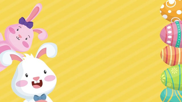 happy easter animated card with rabbits couple and eggs painted