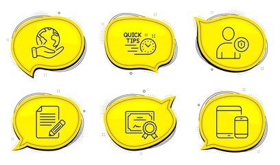 Quick tips sign. Diploma certificate, save planet chat bubbles. Article, Mobile devices and Security line icons set. Feedback, Smartphone with tablet, Person protection. Helpful tricks. Vector