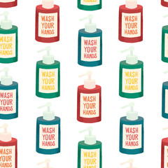 Hand soap bottles seamless vector pattern. Repeating background with soap containers with Wash your hands label. Dispenser pump Liquid gel for washing hands. Corona Virus protection Health care 