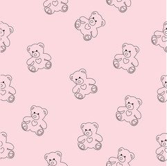Seamless pattern vector illustration of hand drawn bear with heart. Ink drawing, beautiful animal design elements. Funny illustration Valentine's Day toy on pink color background