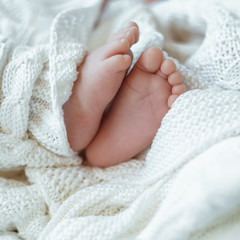 baby legs closeup wrapped in a white blanket blurred background