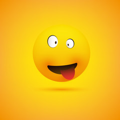Simple Smiling Crazy Emoticon with Squinting Eyes and Tongue Stuck Out Making Face - Emoji on Yellow Background, Vector Design