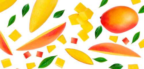 Mango isolated on the white background. Pile of fresh tropical mangoes top view