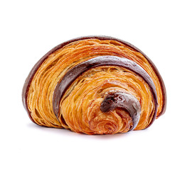 Freshly baked chocolate croissant isolated on white background.  Croissant for breakfast Close up.