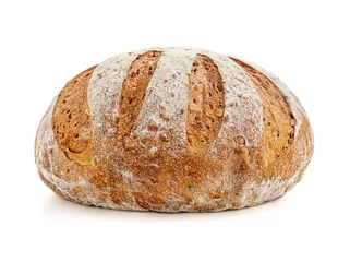 Fotobehang Vers gebakken brood geïsoleerd op een witte achtergrond. Volkoren brood Plat gelegd. Voedselconcept.. © nataliazakharova