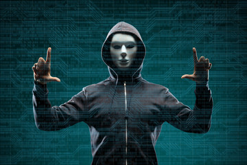 Dangerous hacker over abstract digital background with binary code. Obscured dark face in mask and hood. Data thief, internet attack, darknet fraud, virtual reality and cyber security.