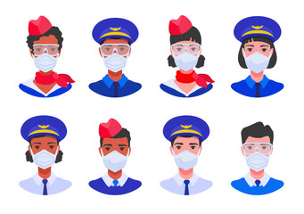 Aircrew avatars set. The flight crew team wears protective surgical masks. Cabin crew, flight attendant, stewardess, pilot portraits.