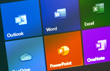 Microsoft Office icon apps on the display notebook closeup. Microsoft Office is an office suite of applications created by Microsoft. Moscow, Russia - August 24, 2019