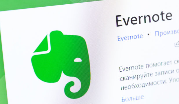 Evernote logo app on the screen notebook. Evernote is a web service and software suite for creating and storing notes. Moscow, Russia - May 10, 2019
