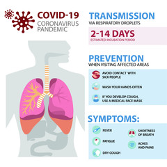 Coronavirus or COVID-19 Infographic Template showing Facts, Cases diagram, Incubation, Prevention, Symptoms.