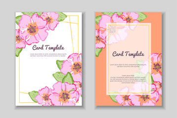 Fototapeta premium Set of rectangular golden line frame with hand drawn pink dog rose flower arrangement. Greeting card template. Stock Vector illustratio