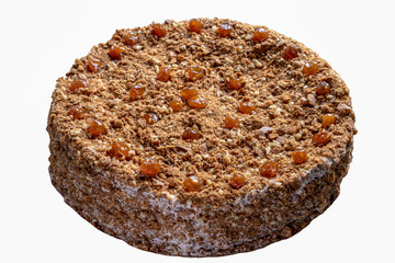 Cake decorated with cherries on a white background