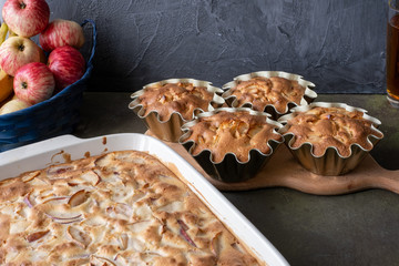 pie or muffin with apples on a plate in blue classic color with tea in the kitchen