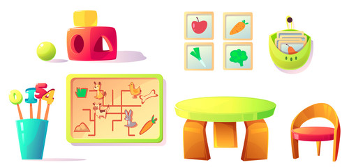 Montessori kindergarten equipment and toys for playroom, elementary school class. Wooden furniture table, chair, teaching materials sorters, digits and educational cards, cartoon vector illustration