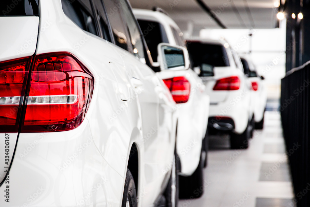 Wall mural a row of new cars parked at a car dealer shop